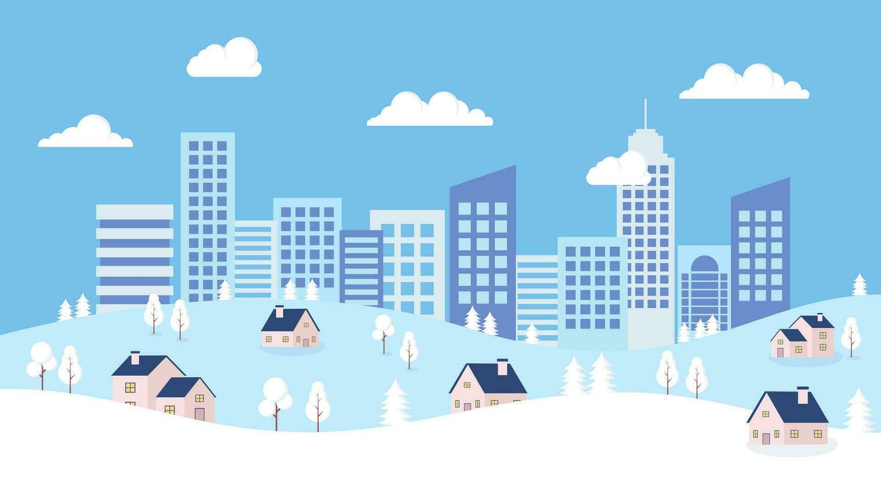 Winter cityscape with snow hills, houses, and buildings, modern New Year holiday vector background in flat design style