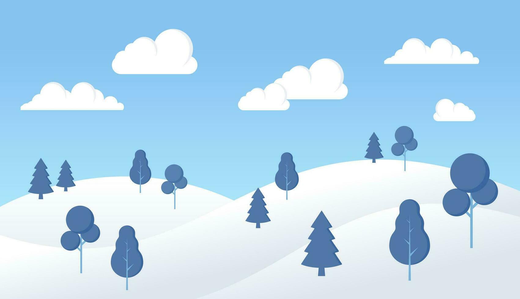 Simple winter landscape illustration, vector background with winter snow theme, flat design style vector illustration of snow hills, clouds and trees