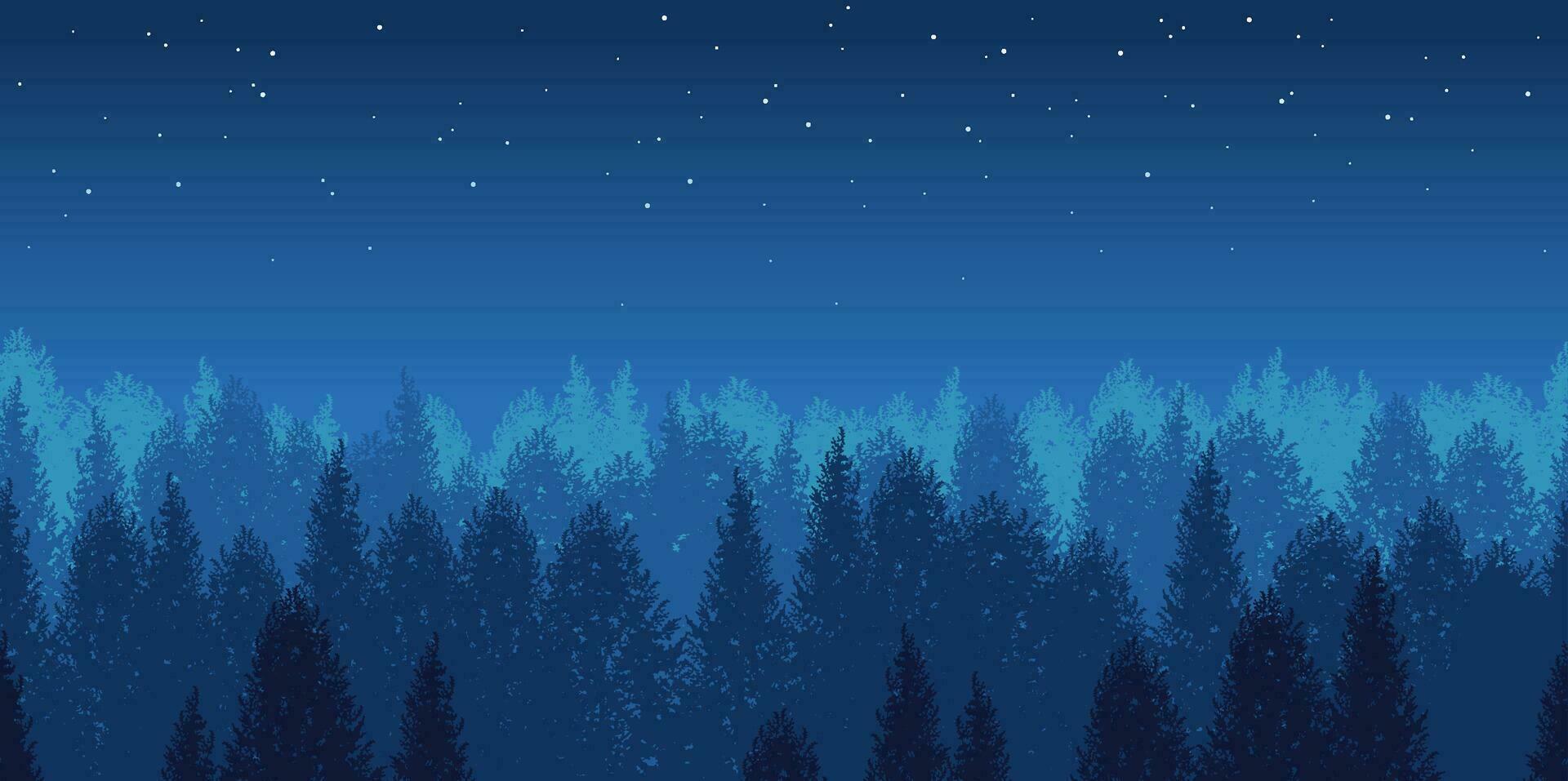 Vector Seamless Night Forest Background Illustration With The Starry Sky. Horizontally Repeatable.