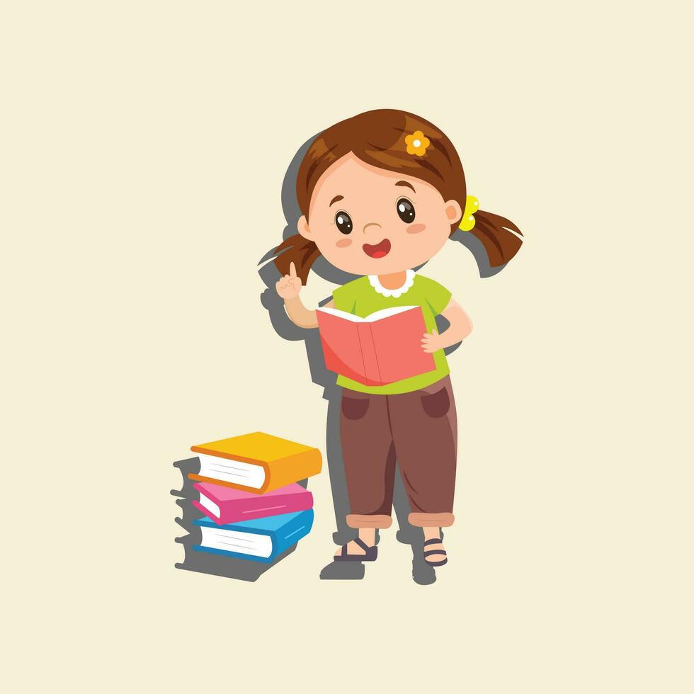 dibujos animados linda niña en pie con libro en emoción vector