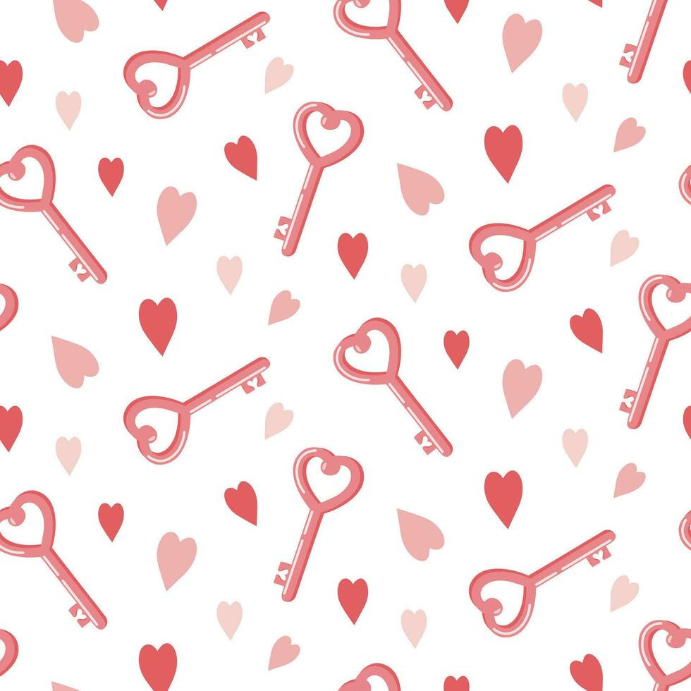 Seamless pattern of love keys and hearts on isolated background. Design for celebration Valentines Day, wedding, mothers day. For greeting cards, scrapbooking or home decor. vector
