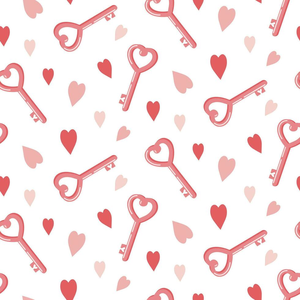 Seamless pattern of love keys and hearts on isolated background. Design for celebration Valentines Day, wedding, mothers day. For greeting cards, scrapbooking or home decor. vector