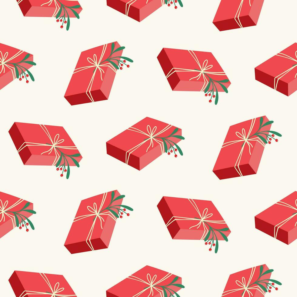 Seamless pattern of Christmas gift box with mistletoe on isolated background. Hand drawn design for Winter, Christmas and New Year celebration, for paper crafts or home decor. vector