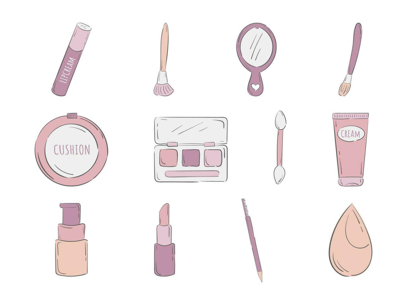 Set of Different Packages for Cosmetics Illustration. Makeup Tools Vector Icons Collection. Cartoon Doodle Line Art.