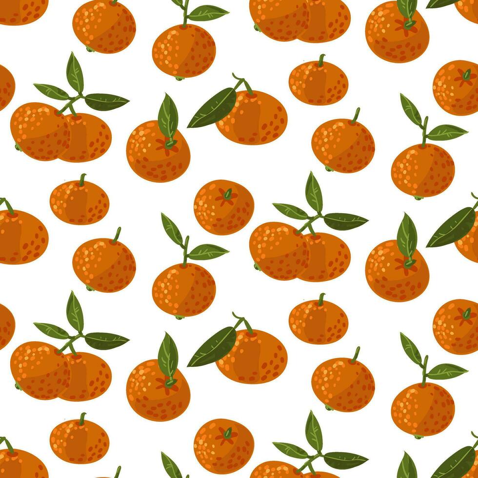 Seamless tangerine pattern with leaves. Vector fruit ornament. The texture of citrus fruits, leaves, fruit is hand-drawn. Mandarin in different turns and groups. Vector design of mandarin for print