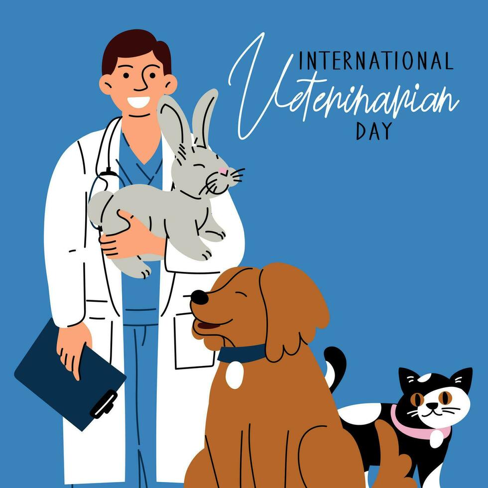 internacional del veterinario día, vector Arte ilustración. el médico es un hombre en un médico vestido con un Conejo en su manos, gato, perro. mascota cuidado. un inscripción, un bandera para el día festivo. diversidad