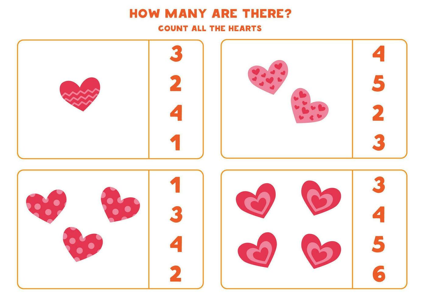 Count all cartoon hearts and circle the correct answers. vector