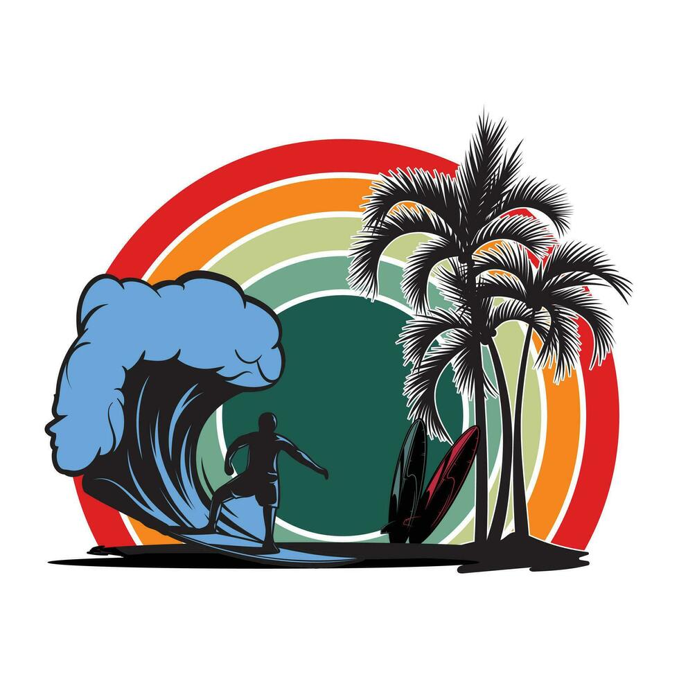 Tropical Summer wave surf illustration with palm trees for t shirt, sweatshirt and other uses. vector