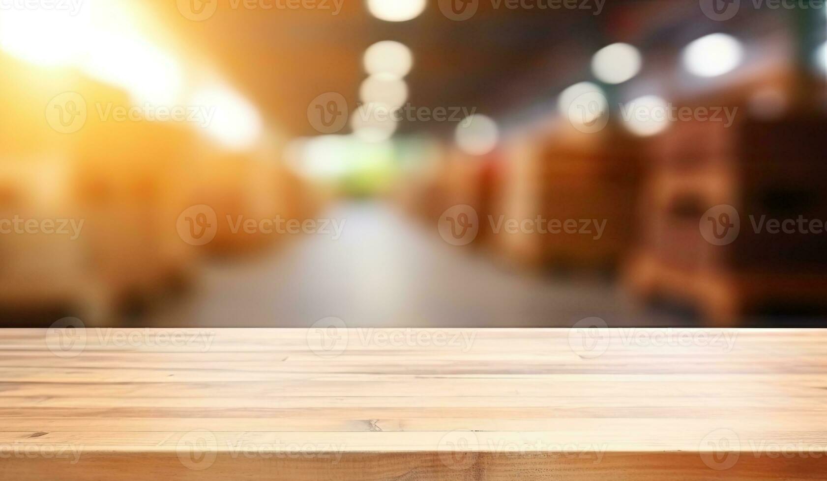 AI Generated a wooden table top with a blur background of lights in the background of the table and the table top is made of wood and has a wooden surface with a. generative ai photo