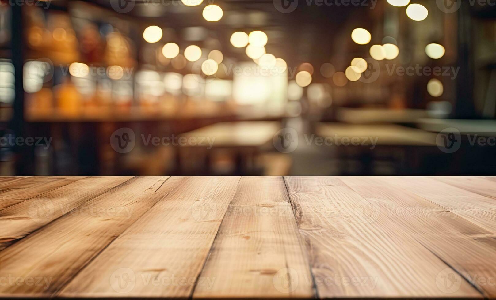 AI Generated a wooden table top with a blur background of lights in the background of the table and the table top is made of wood and has a wooden surface with a. generative ai photo
