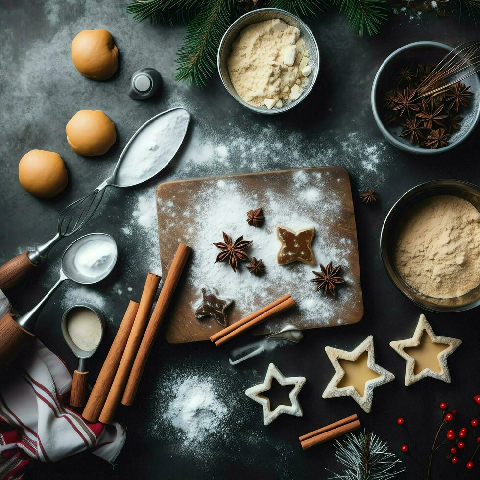 plano laico de Cocinando hecho en casa Navidad horneando ingredientes o pan de jengibre galletas metido en mesa concepto por ai generado foto