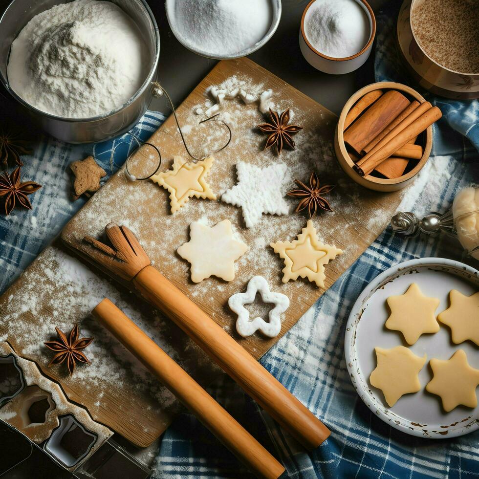 plano laico de Cocinando hecho en casa Navidad horneando ingredientes o pan de jengibre galletas metido en mesa concepto por ai generado foto