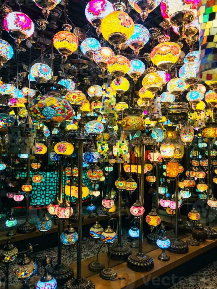 a large display of colorful lamps in a store photo