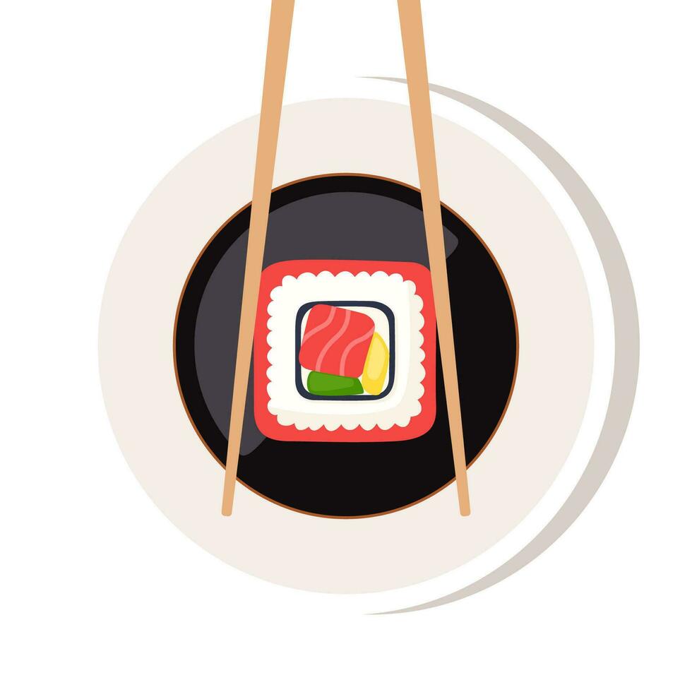 Soy sauce in a bowl, chopsticks with sushi piece roll under the bowl. Japanese cuisine, traditional food. Vector illustration.