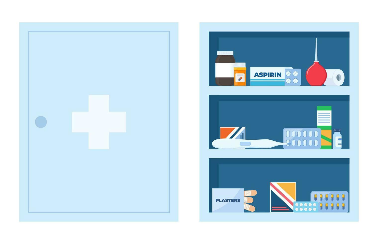 medicina cofre lleno de drogas, pastillas y botellas abierto y cerrado médico gabinete. medicamentos para primero ayuda equipo. vector ilustración.