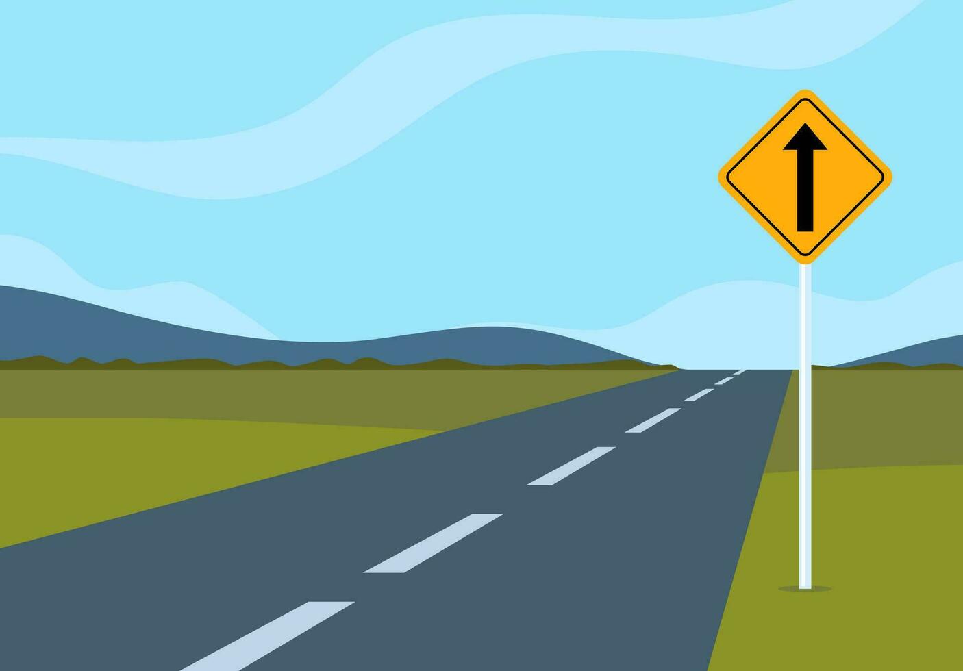 Road sign at side of the empty road. Traffic sign. Road traffic safety. Vector illustration.