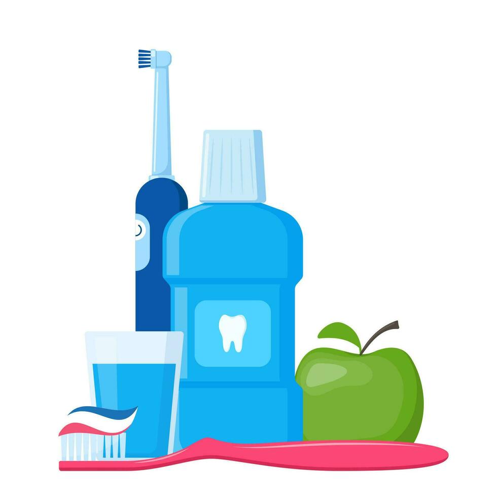 Tools and means for dental hygiene. Oral care and hygiene products. Vector illustration.