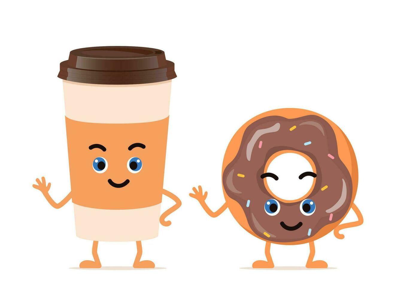 Donut and coffee, cute happy characters for menu, banner. Breakfast, food, bakery concept. Vector illustration.