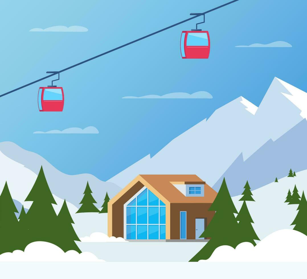 Ski resort. Winter mountain landscape with lodge, ski lift. Winter sports vacation banner. Vector illustration.