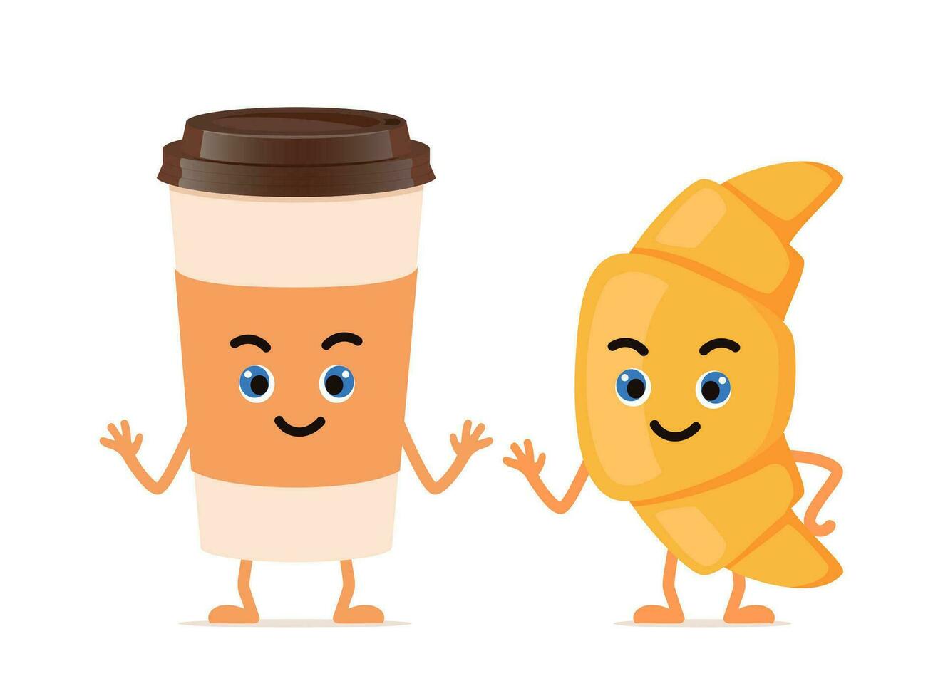 Croissant and coffee, cute happy characters for menu, banner. Breakfast, food, bakery concept. Vector illustration.