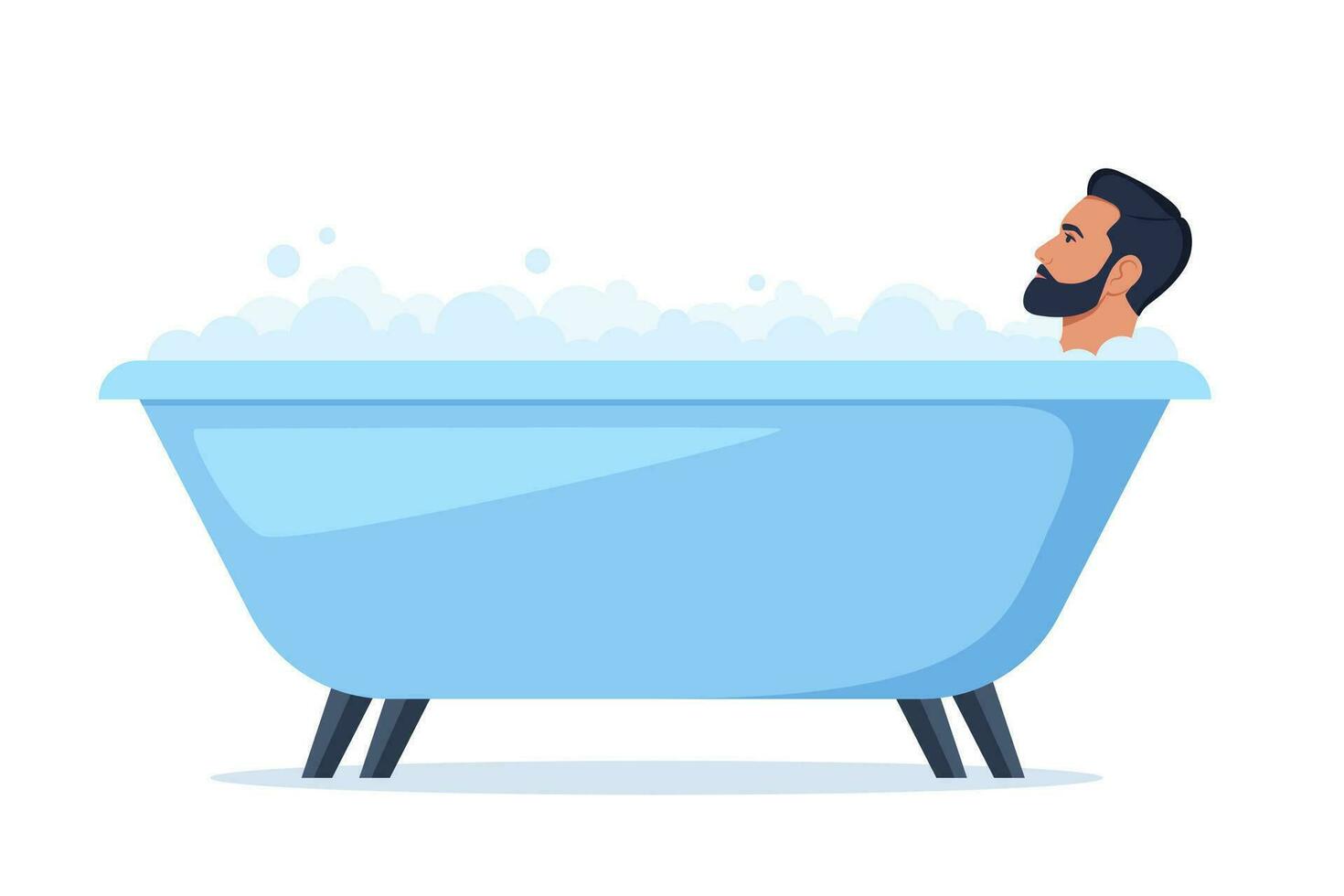 Man in bath. Relaxed guy in bathtub with foam bubbles. Self care and hygiene, spa and relaxing. Vector illustration.