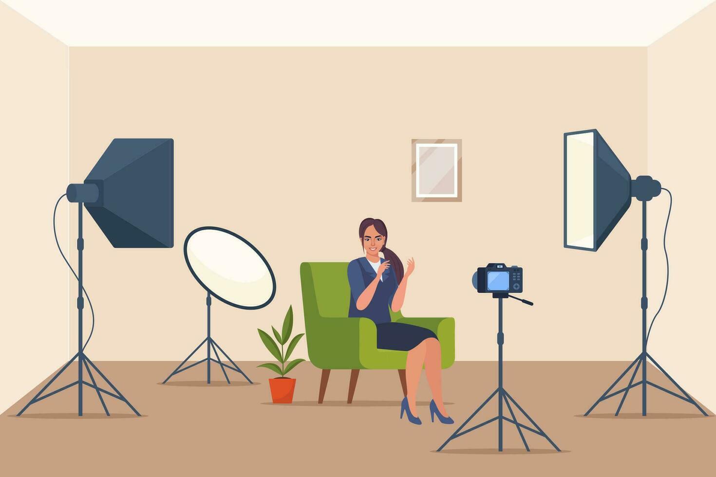 Shooting interview in professional studio. Soft box light, camera, spotlight. Professional equipment for video shooting. Woman having conversation on camera, making content. Vector illustration.