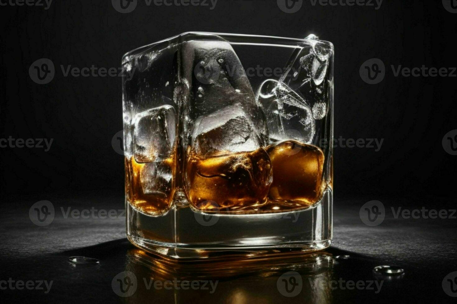 AI generated whiskey splash with ice cubes. Pro Photo