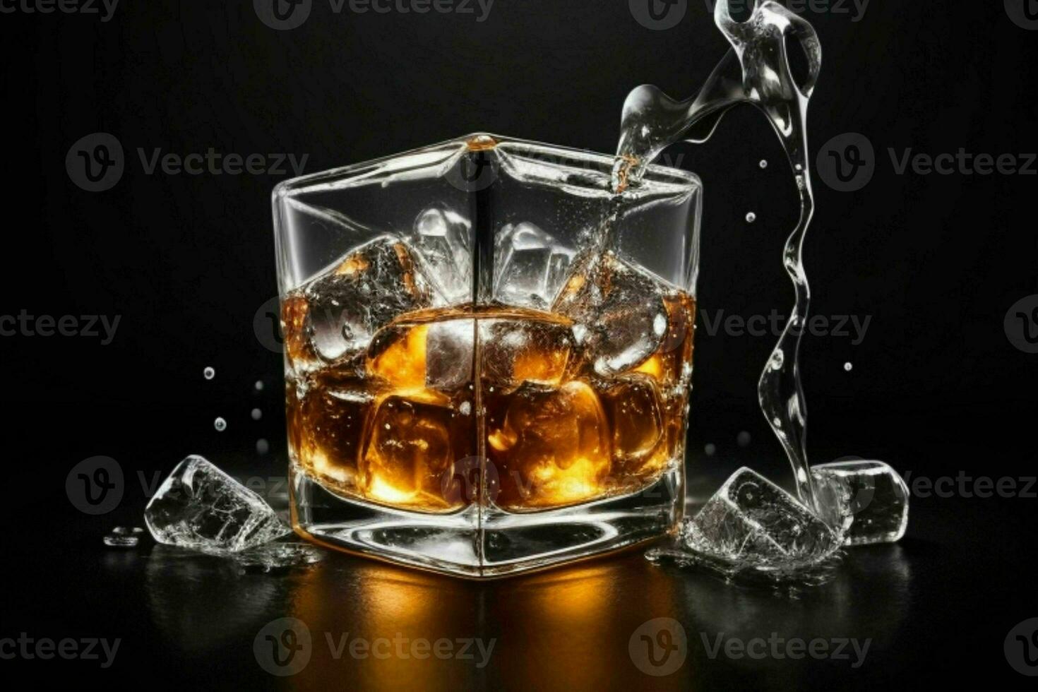 AI generated whiskey splash with ice cubes. Pro Photo