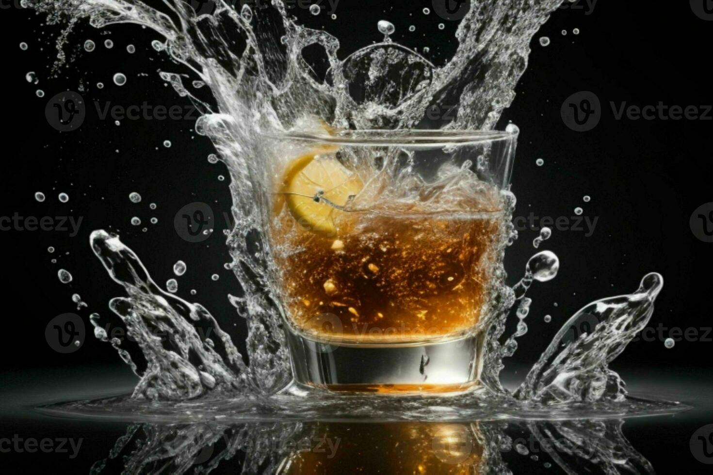 AI generated Rum splash with ice cubes. Pro Photo