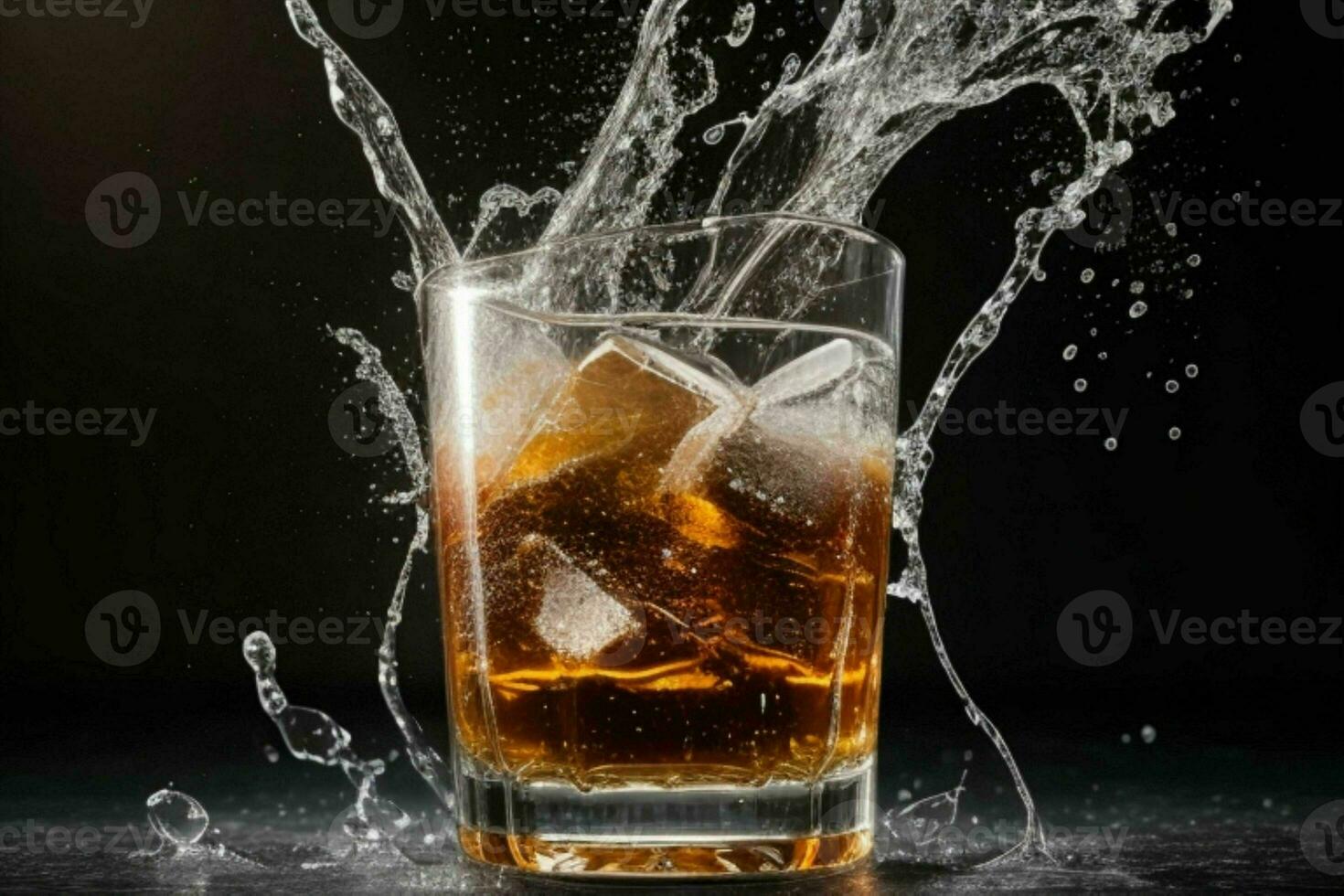 AI generated Rum splash with ice cubes. Pro Photo