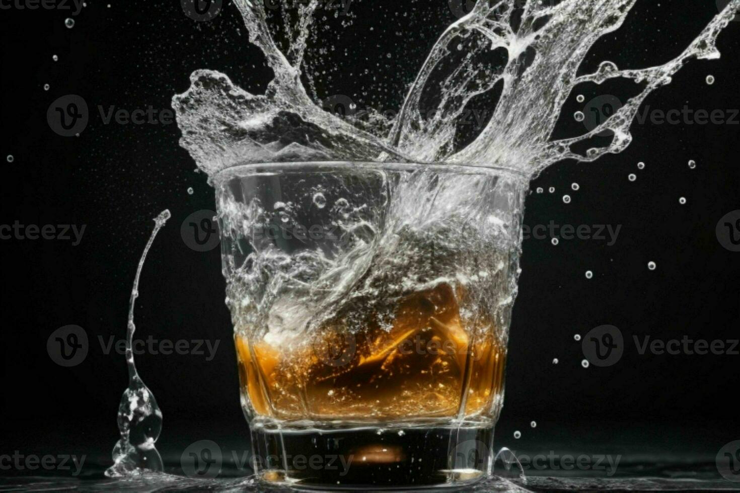 AI generated Rum splash with ice cubes. Pro Photo