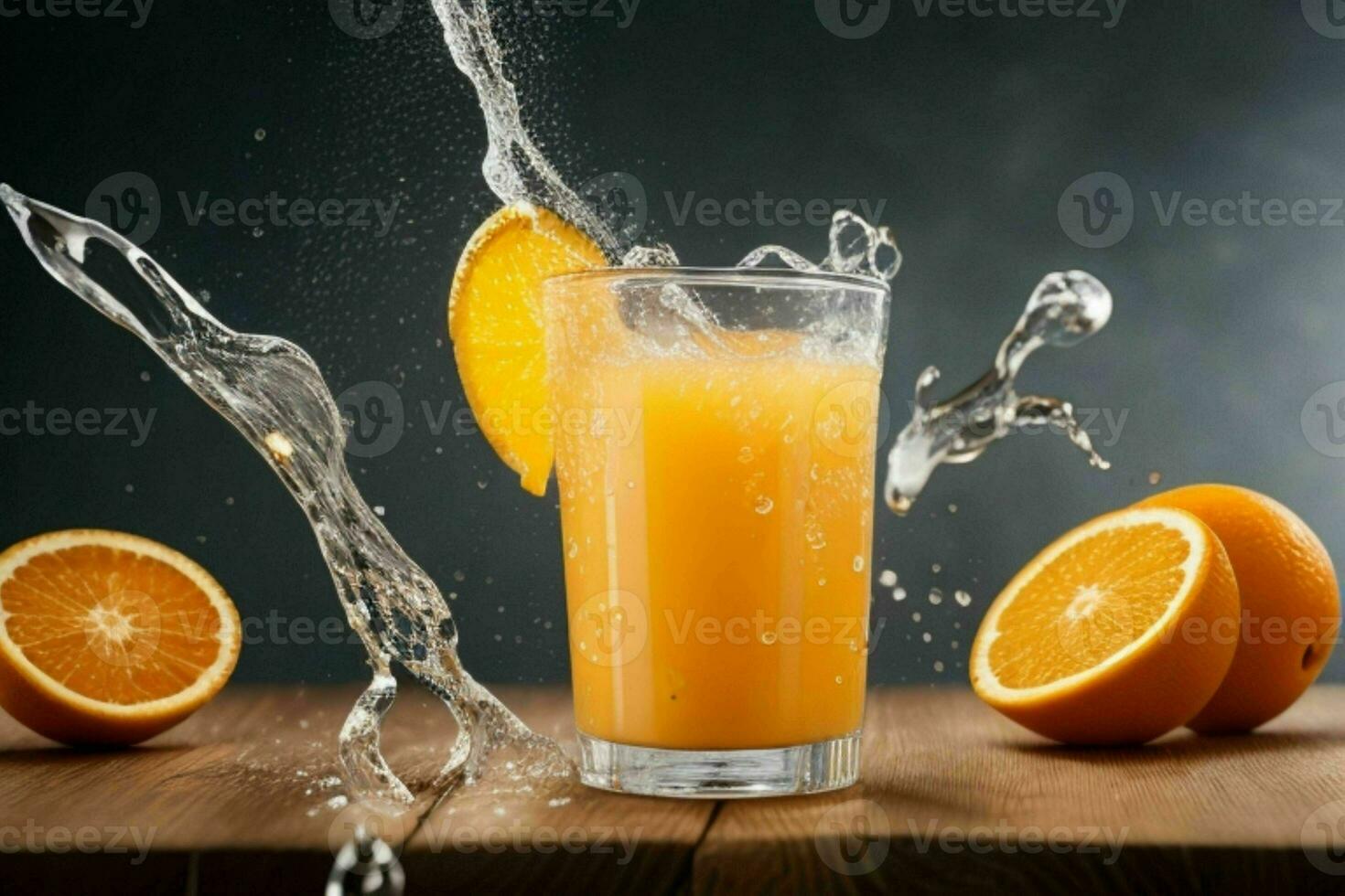 ai generado naranja jugo chapoteo con hielo cubitos. Pro foto