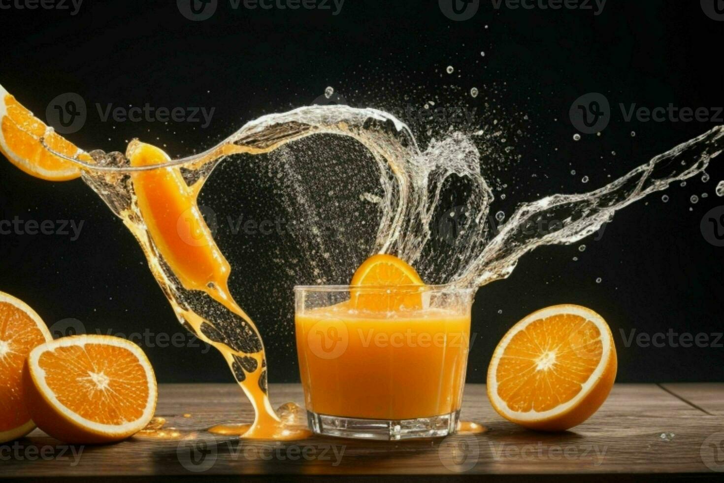 ai generado naranja jugo chapoteo con hielo cubitos. Pro foto