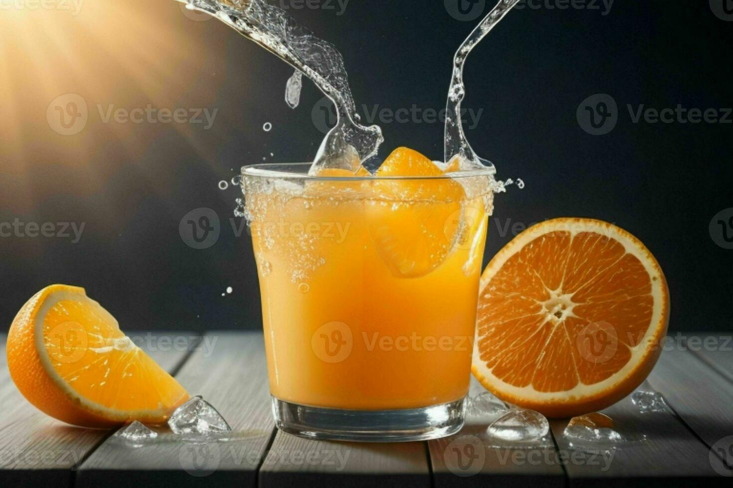 ai generado naranja jugo chapoteo con hielo cubitos. Pro foto