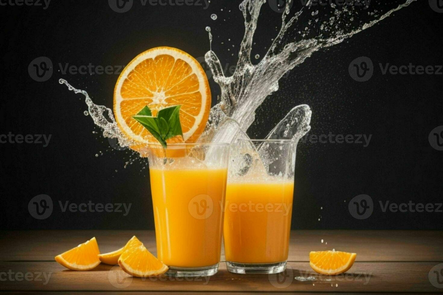 ai generado naranja jugo chapoteo con hielo cubitos. Pro foto