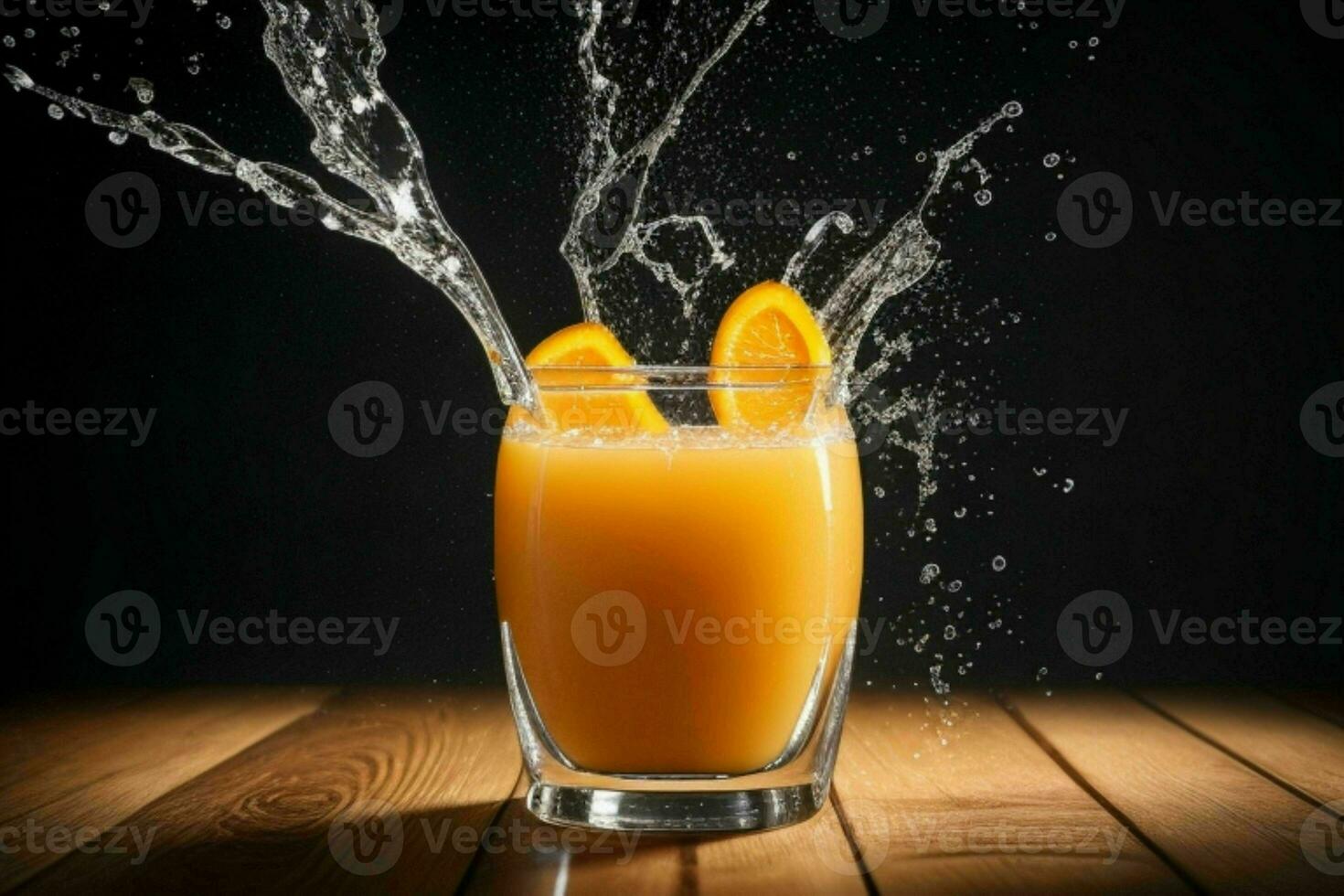 AI generated Orange juice splash with ice cubes. Pro Photo