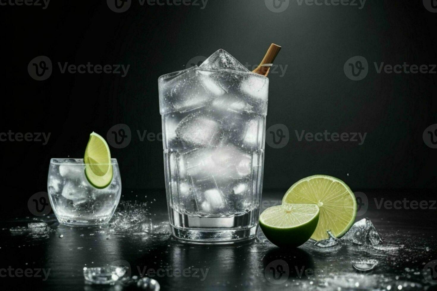 AI generated Gin tonic splash with ice cubes. Pro Photo