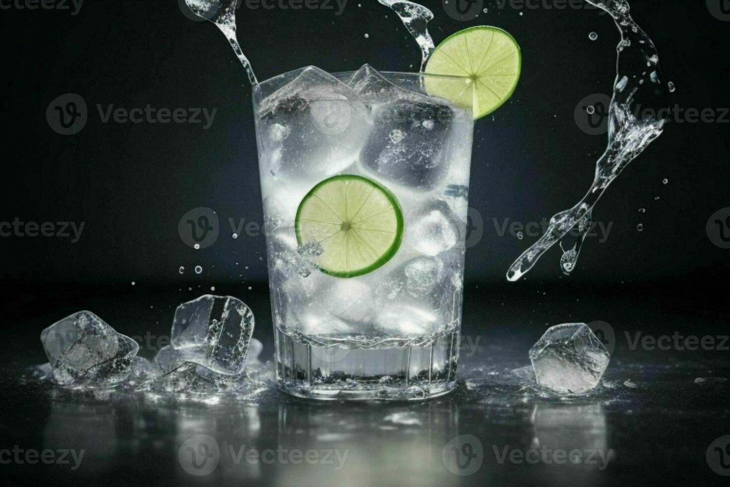 AI generated Gin tonic splash with ice cubes. Pro Photo