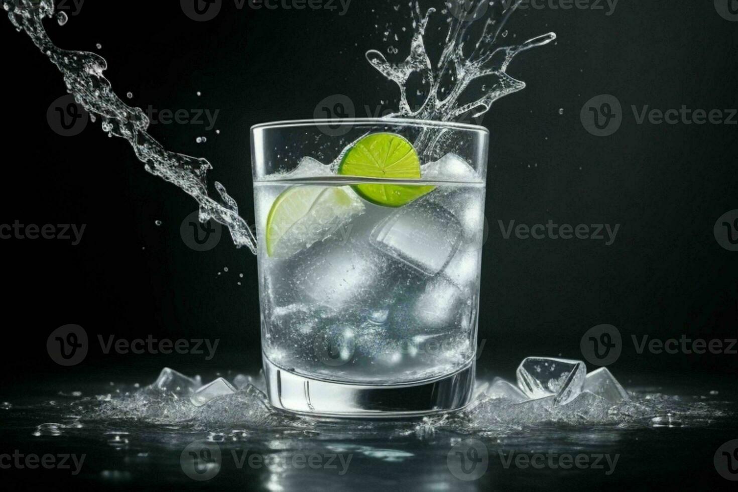 AI generated Gin tonic splash with ice cubes. Pro Photo