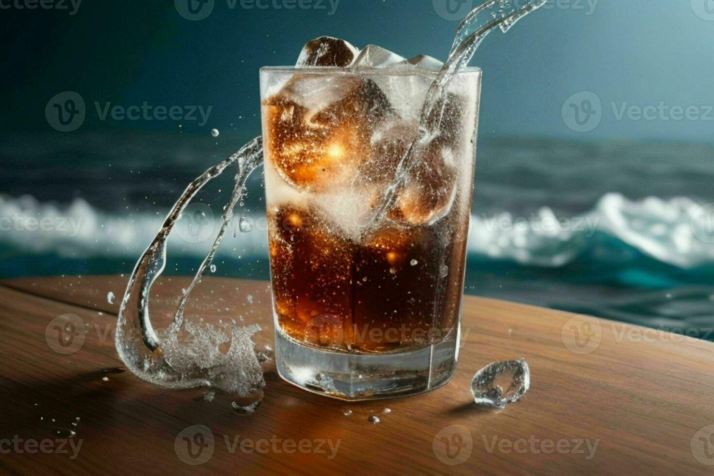 AI generated Cola splash with ice cubes. Pro Photo