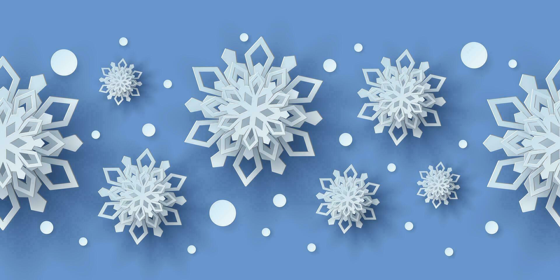 invierno sin costura modelo con papel cortar copos de nieve. Navidad diseño 3d ilustración en azul de colores antecedentes para presentación, bandera, cubrir, web, volantes, tarjeta, venta, póster y social medios de comunicación vector