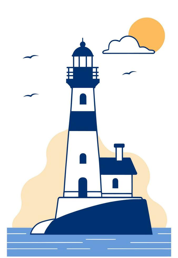 Lighthouse on a cliff above the ocean, flat vector illustration.