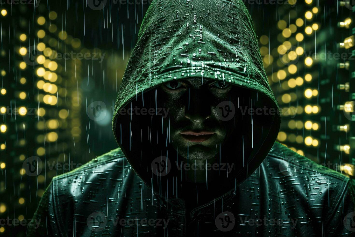 AI Generated Hacker. Cyber criminal with laptop and related icons behind it. Cyber crime, hacker activity, digital system.by Generative AI photo