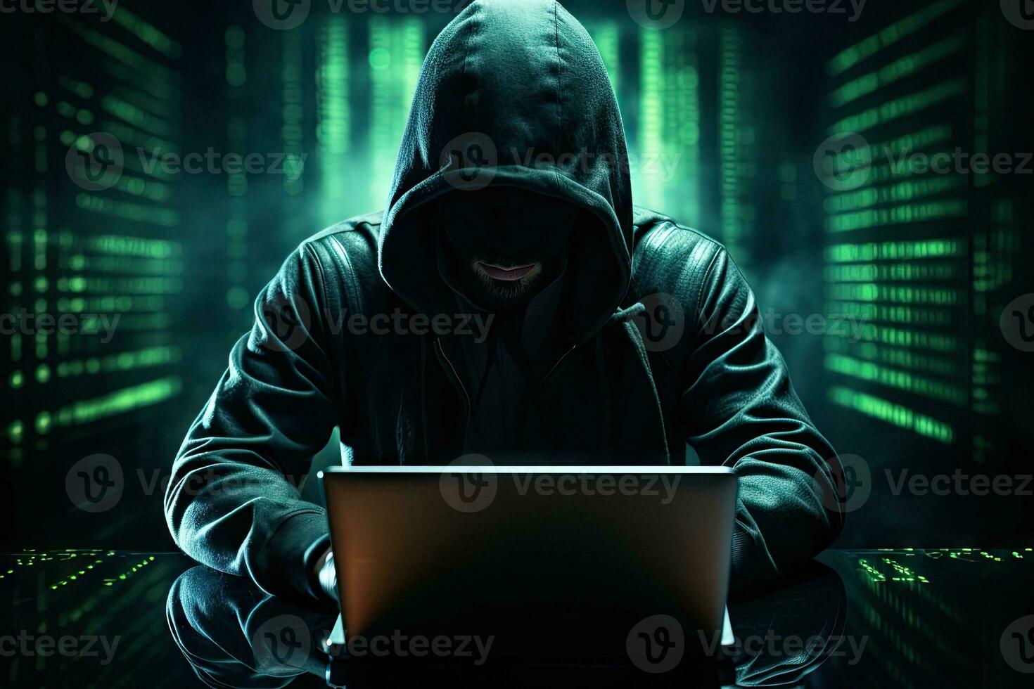 AI Generated Hacker. Cyber criminal with laptop and related icons behind it. Cyber crime, hacker activity, digital system.by Generative AI photo