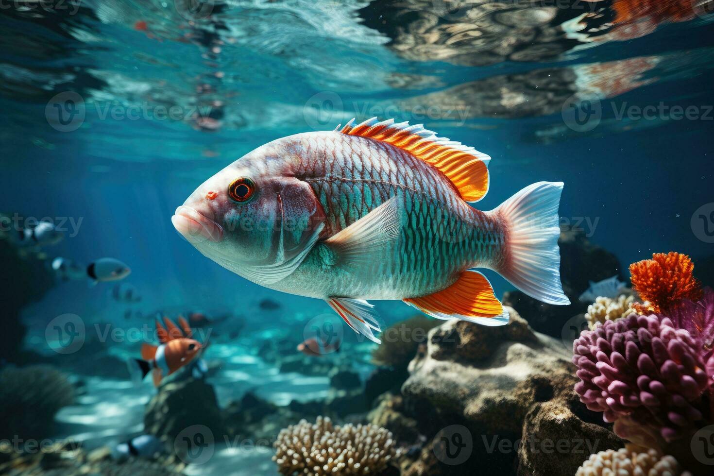 AI Generated Marine animals and the environment beneath coral reefs Electronic collage as wallpaper.by Generative AI. photo