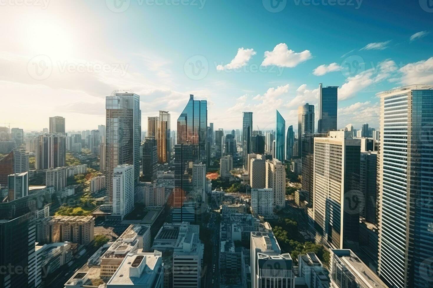 AI Generated Skyscrapers in the central business district Business background. High angle.by Generative AI photo