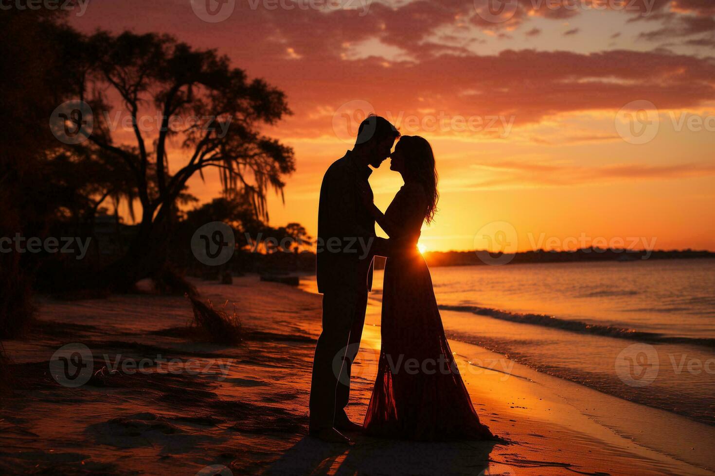 AI generated Pair hugging on seashore with vivid sunset background photo