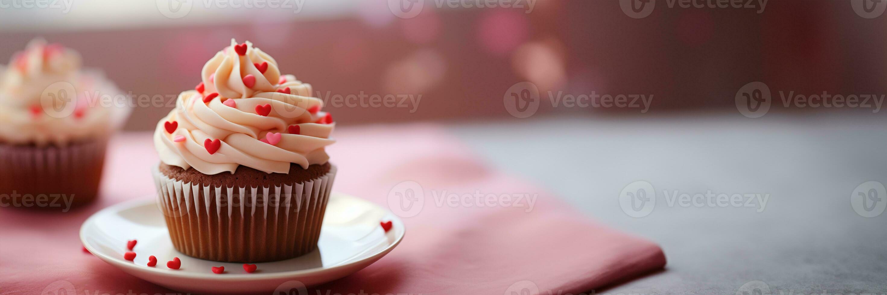 AI generated A dainty cupcake topped with a heart shape decoration on a plain, solid hued plate photo