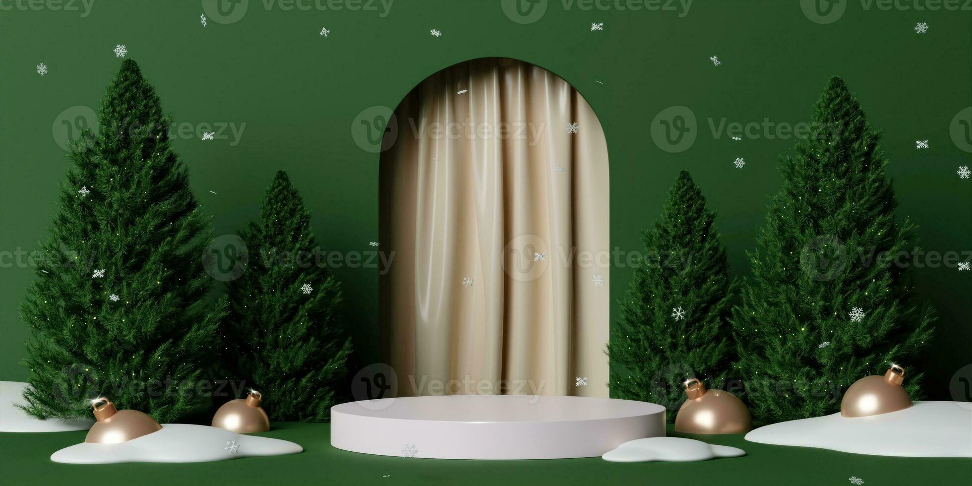 3d Christmas tree podium. Realistic 3d with design stage podium. Decorative festive elements glass bauble balls. Xmas holiday template podium. photo