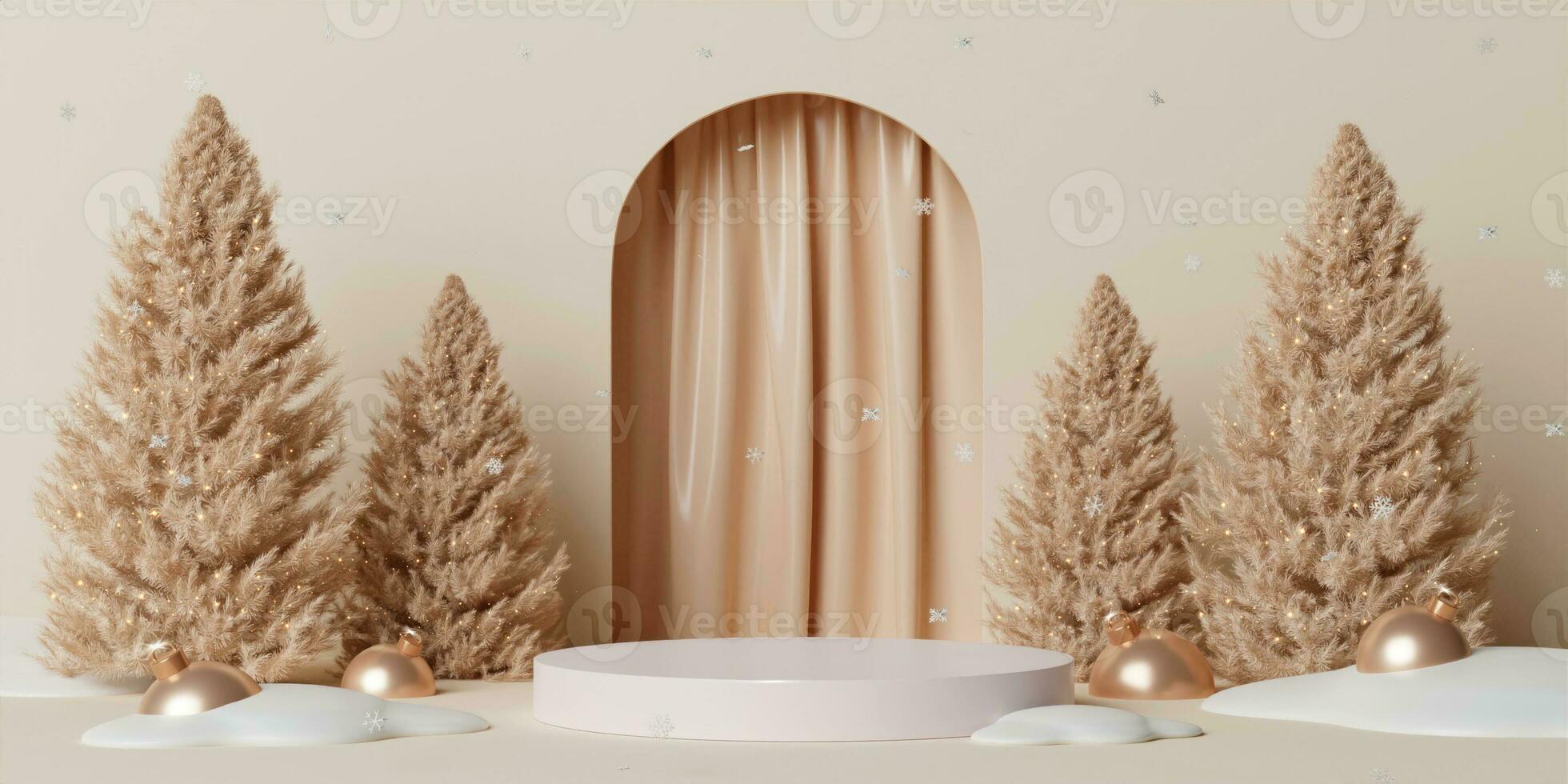 3d Christmas tree podium. Realistic 3d with design stage podium. Decorative festive elements glass bauble balls. Xmas holiday template podium. photo